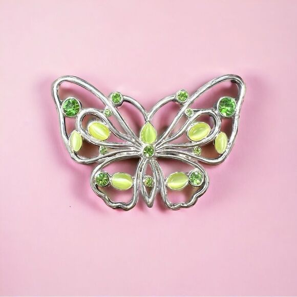 Vintage Y2K butterfly pin silvertone adorned with green stones and gems NWOT - Picture 1 of 5